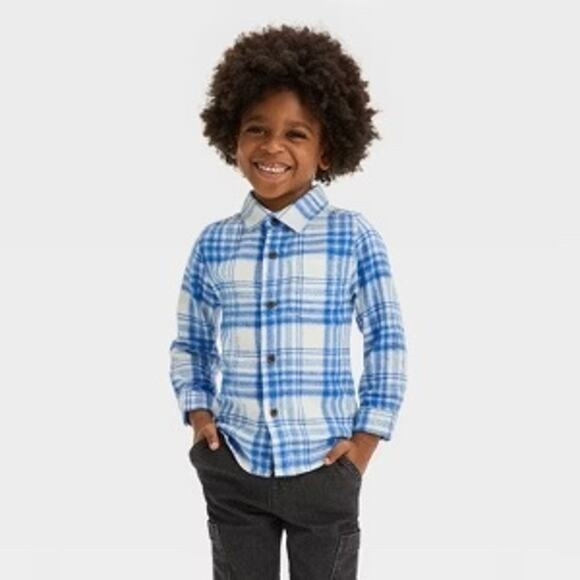 Cat & Jack NWT Toddler Boy Blue White Plaid Flannel Button Down Shirt 2T - Picture 1 of 6